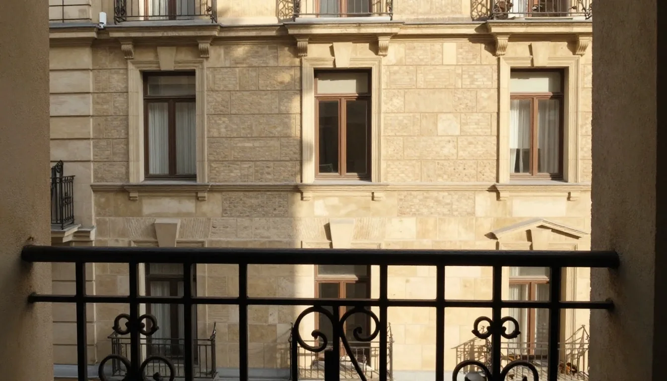 Balcón porteño mirando a un patio berlinés bajo luz de tarde