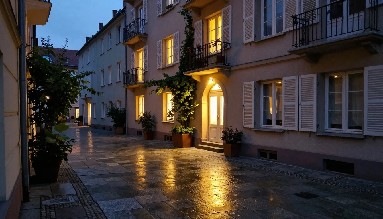 Patio berlinés al atardecer con ventanas iluminadas