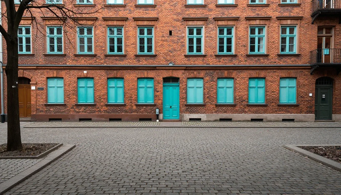 Patio berlinés de ladrillo con ventanas de marco cian