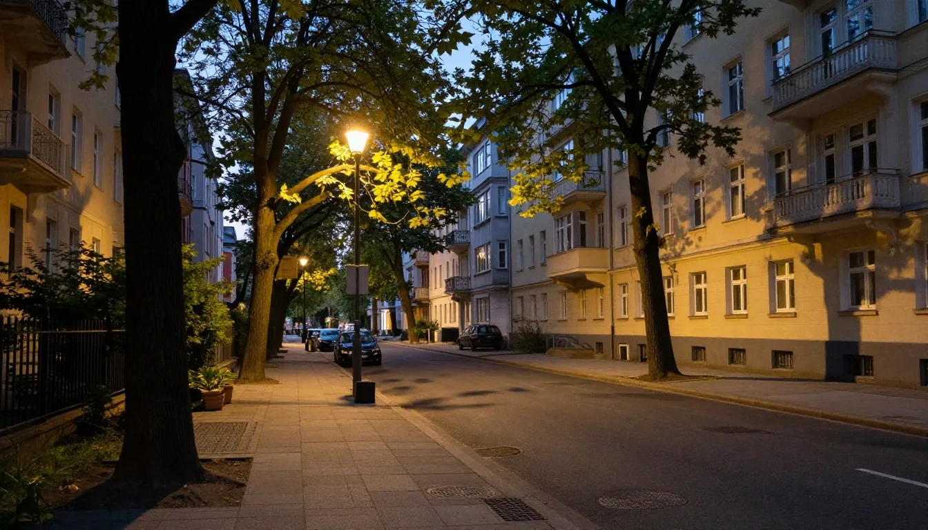 Balcón con vista a un patio berlinés bajo luz cálida