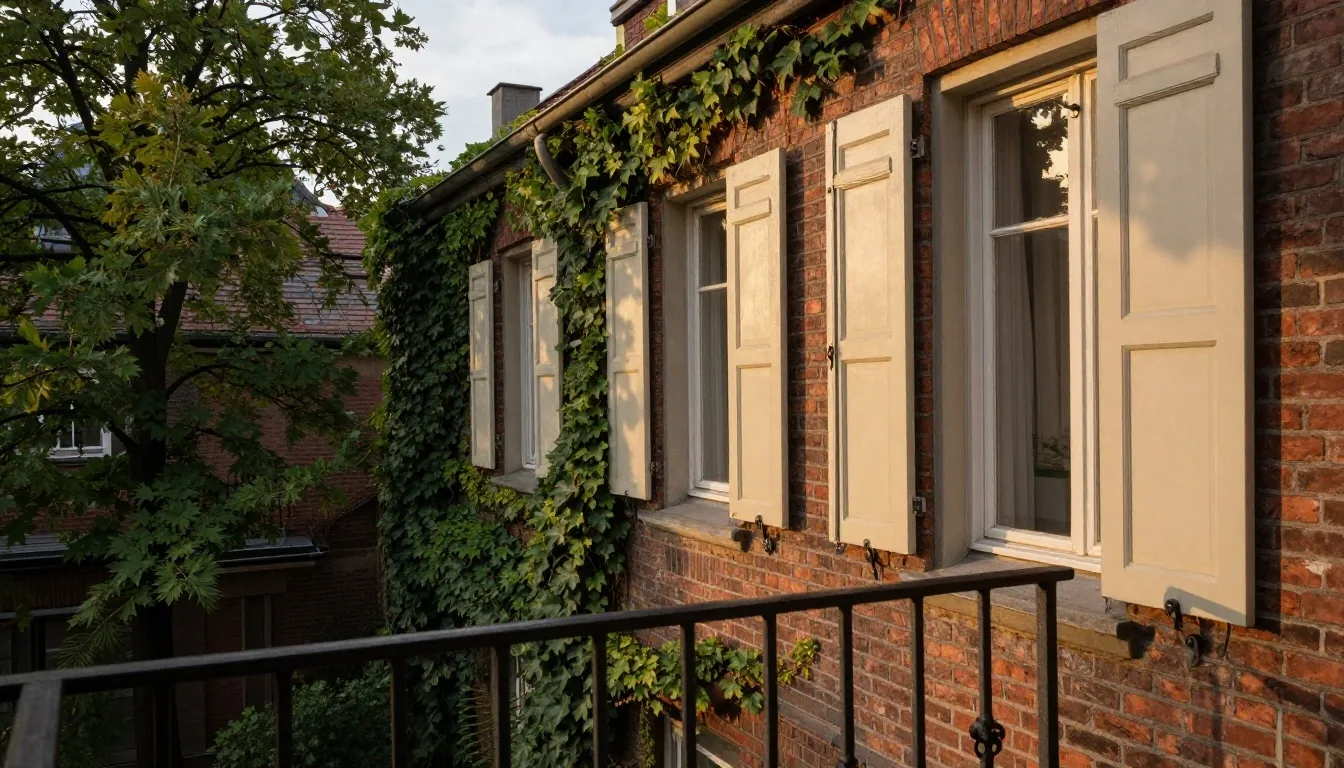 Balcón con vista a un patio berlinés bajo luz cálida de tarde