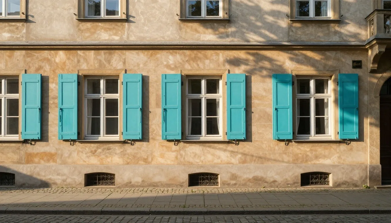 Patio berlinés con persianas color cian bajo sol de tarde