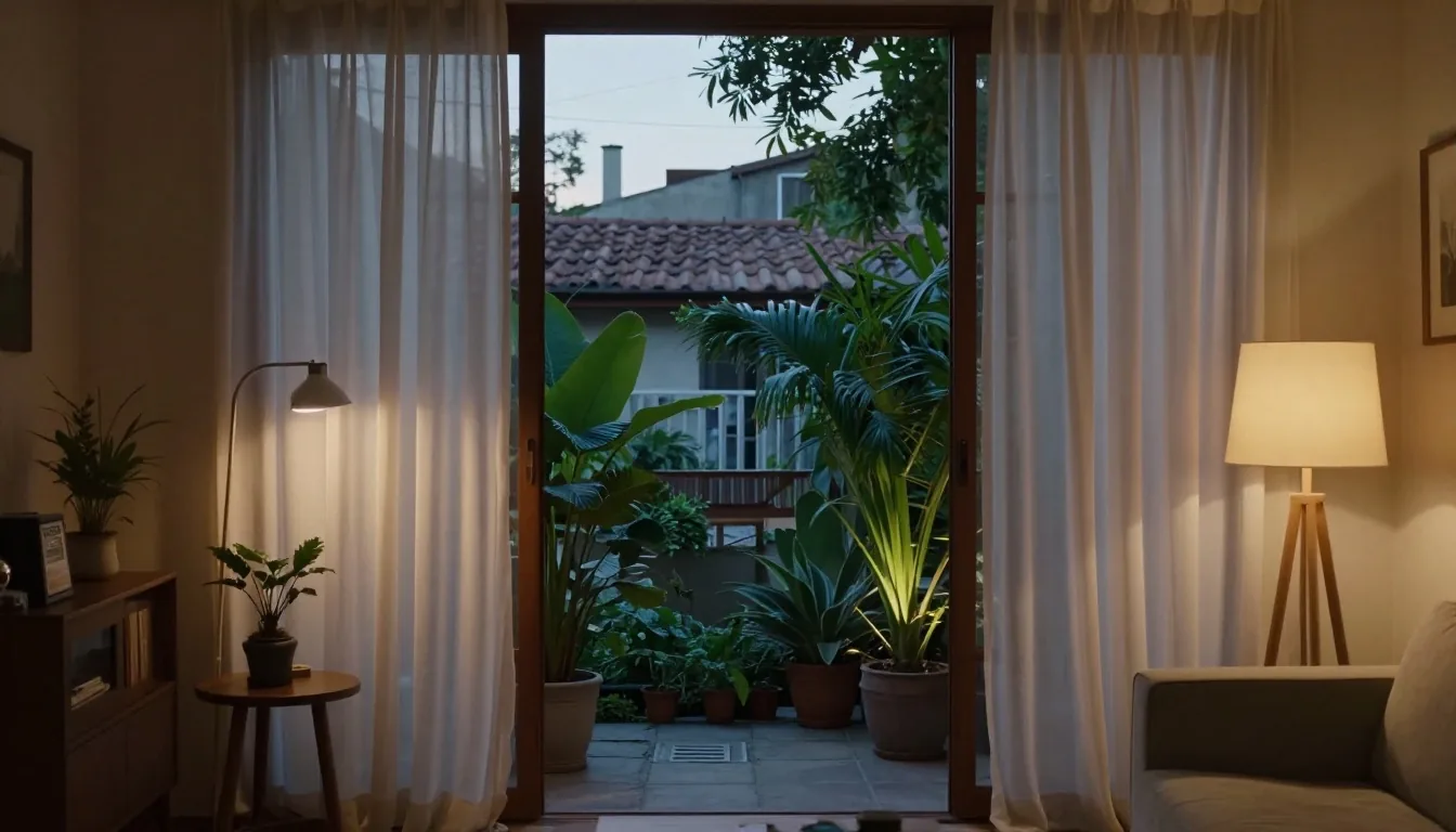 Balcón en Buenos Aires con vista a un patio berlinés al atardecer