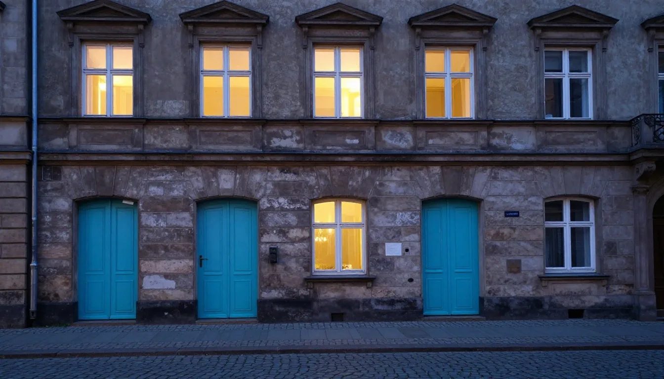 Patio berlinés al atardecer con puerta cyan y ventanas cálidas