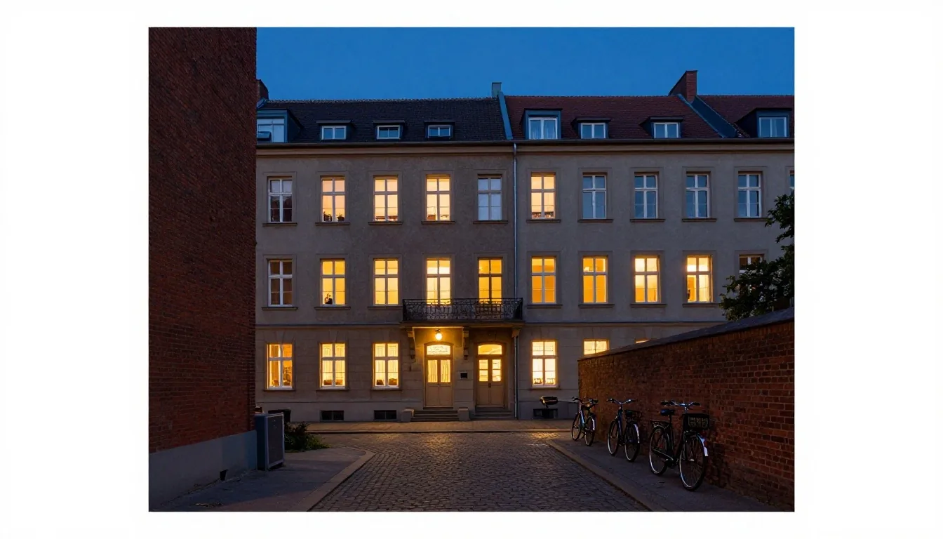Patio berlinés al anochecer con ventanas encendidas