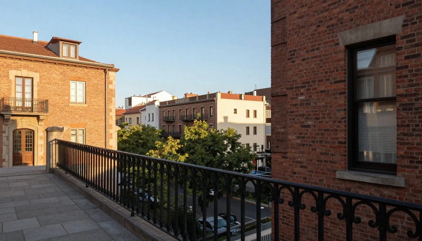 Balcón de Buenos Aires orientado a un patio berlinés bajo luz cálida de tarde