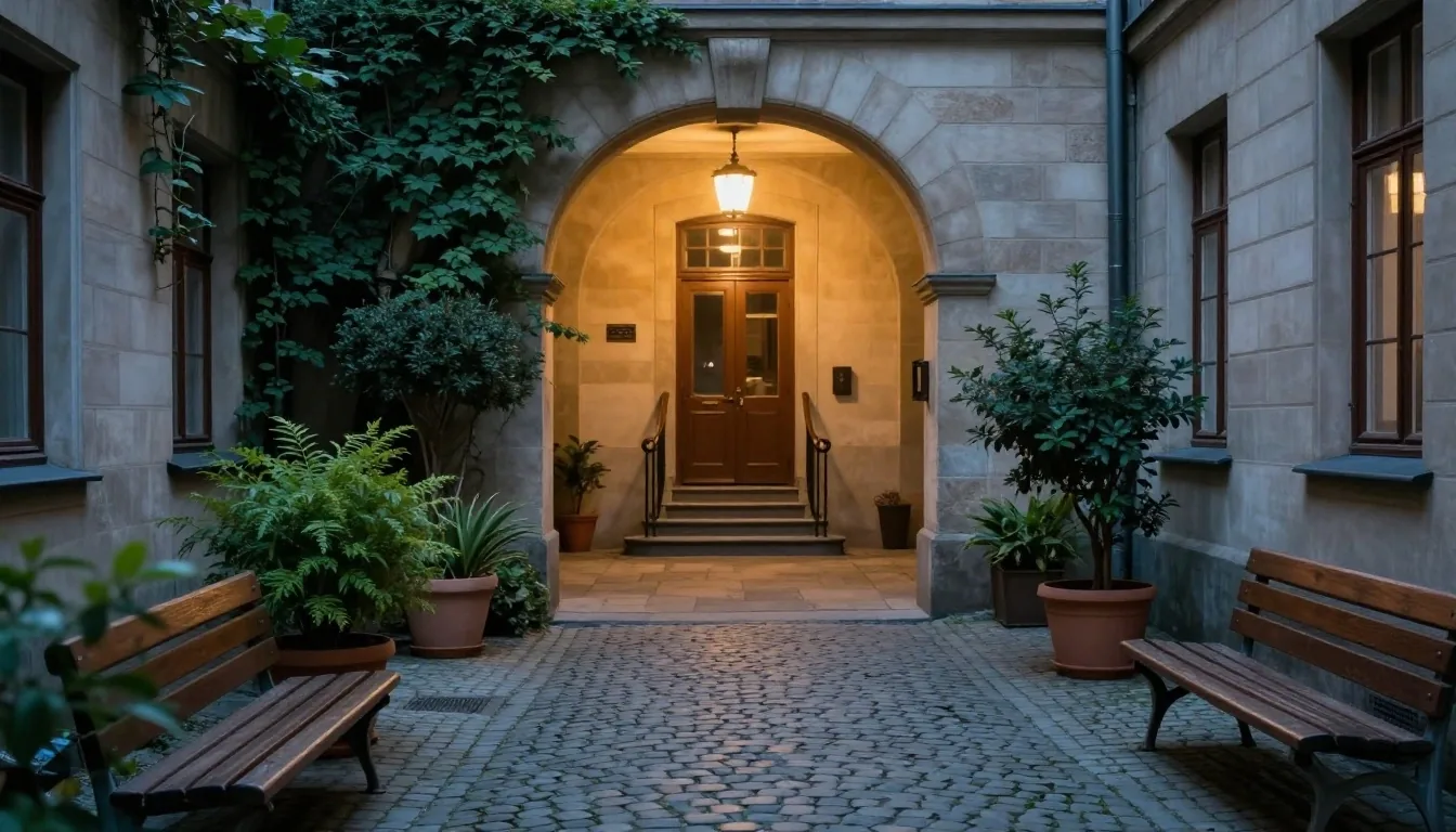 Patio berlinés al atardecer con ventanas encendidas