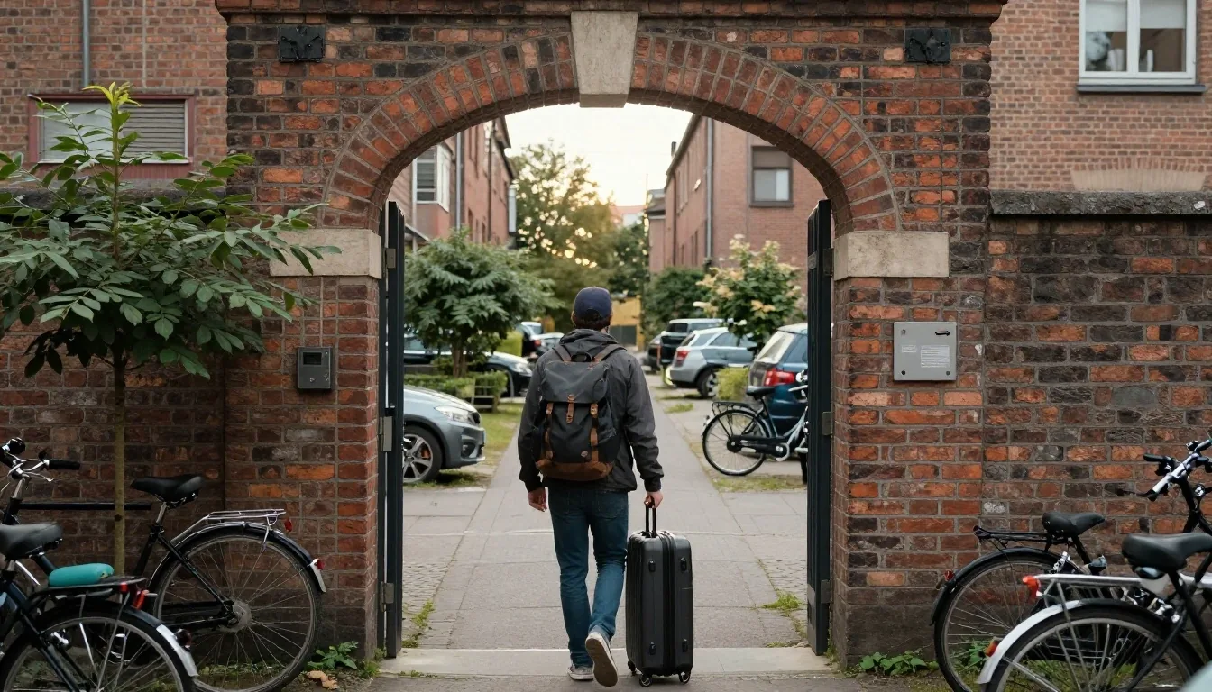 Profesional IT caminando por un patio berlinés con valija y mochila